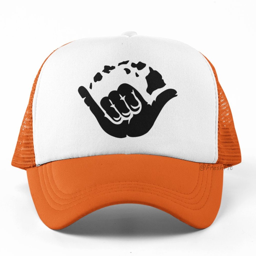 🆕Shaka Hand Sign Hawaii Islands Foam Trucker Hat Mesh Snapback Cap Orange/White - Picture 1 of 2
